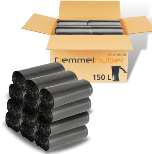 Müllsäcke 150 Liter extrastark & reißfest Müllbeutel Abfallbeutel Müllsack Mülltüte Abfallsäcke für Haus, Garten, Industrie & Gastronomie von Demmelhuber (12 Rollen)