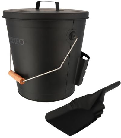 Seau à cendres 24L - Seau à charbon - Avec pelle - Acier - Poignée de transport en bois - Cheminée Poêle et Barbecue