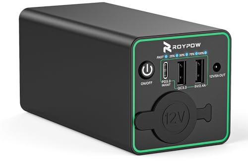 RoyPow Power Bank con 12V Accendisigari 12V DC Caricatore Portatile 30W PD USB-C Batteria Esterna per Dash cam Dispositivi Auto Portatile Astrofotografia Compressore Coolbox Campeggio