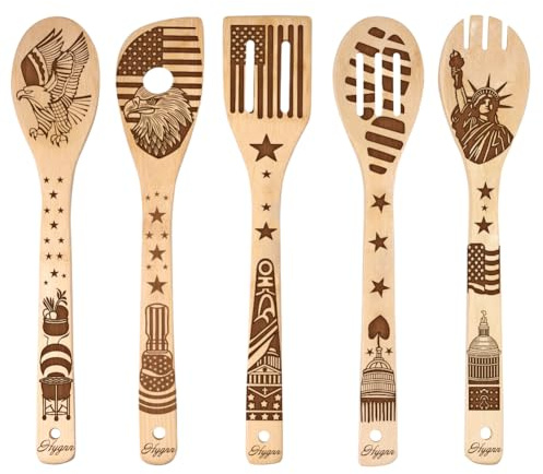 Make American Great Again! American Flag Iconic Architecture Gift Idea Cooking Serving Utensils Natural Bamboo Kitchen House Warming Presents Slotted Wooden Spoons for Cooking Utensils Set of 5…