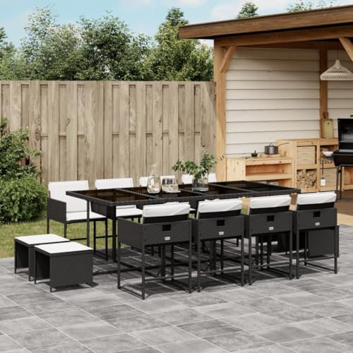 Tidyard Gartenmöbel Set 13-TLG.Garten-Essgruppe Terrassenmöbel Set 12 Personen Sitzgruppe Mit Tisch mit Glas-Tischplatte & 8 Stuhl,4 Gartenhocker,Sitzgarnitur,Gartengarnitur mit Kissen Poly Rattan