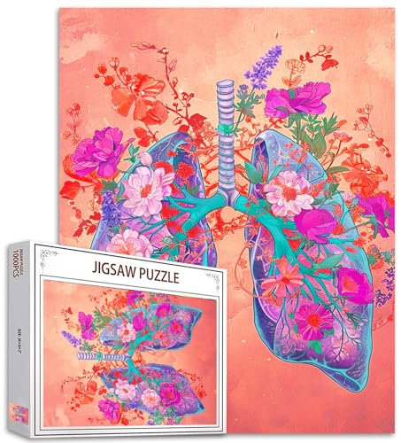 Flower Lungs Jigsaw Puzzles 1000 Teile Herausfordernde Holzpuzzles für Erwachsene Abstrast Menschliche Organ Anatomie Puzzles Blühende Blumen Floral Lungs „Breathe “Puzzles Kunst Geschenk