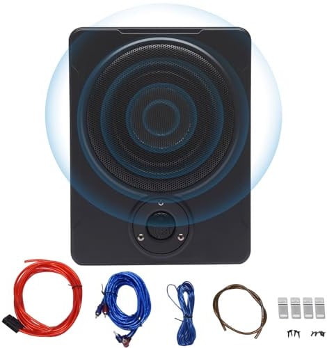 RUETERY Subwoofer Activo de 8 Pulgadas 600W para Coche - Altavoz Bajo Asiento con Carcasa de Aluminio 12V - 70mm de Grosor para Camión, Caravana