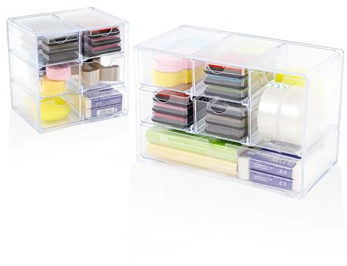 WATUNID 2pcs Desktop Organizer with 6-Drawer, Plastic Container for Stationery Supplies, Clear Desk Accessories, Makeup Craft Storage Box for Office Home School Bathroom Kitchen (Clear)