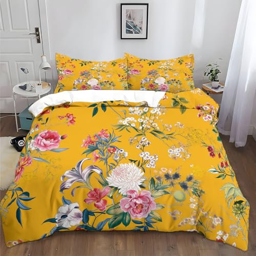 XCQHZYQ Bettwäsche Sets 180x200 cm Handbemalt Retro Blumenmuster Pfingstrose Gelb Bettbezug Set, Polyester Baumwolle Bettwäsche für Teen Schlafzimmer, mit 2 Kissenbezug 80x80