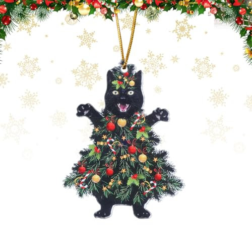 Black Cat Christmas Ornaments - 10pcs Funny Tree Hanging Xmas Decor With Gold Ribbons - Perfect Decoration Supplies