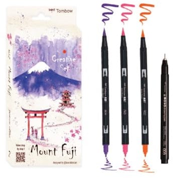 Tombow Set Créatif Japon Edition Limitée Mont Fuji, 3 ABT Dual Brush Pens, 1 MONO drawing pen, 15 P de papier aquarelle A6 et QR-Code vers une vidéo tutorielle [JAPAN-SET2]