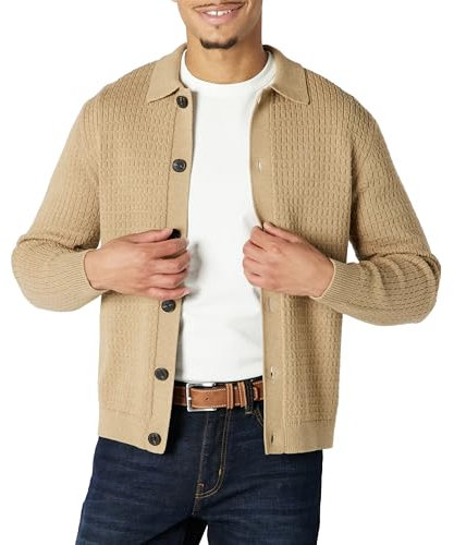 Amazon Essentials Maglione Cardigan con Colletto, vestibilità Comoda Uomo, Cammello Puntinato, L