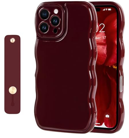 NITITOP Compatible with iPhone 16 Pro Max Case Cute Burgundy Simple Wave Design Stylish Wavy Curly Frame with Wrist Adjustable Hand Strap Kickstand Grip Holder Protective Cover-Wine Red