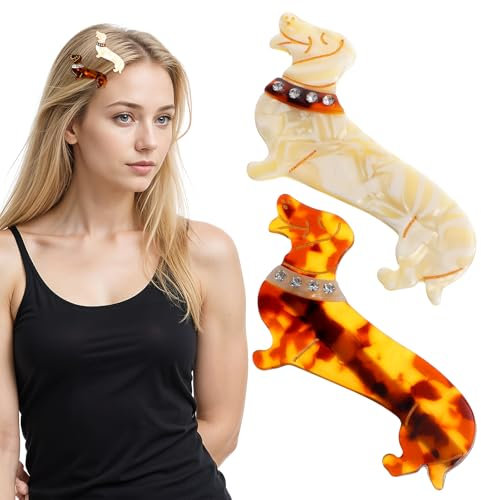 Lot de 2 pinces à cheveux teckel mignonnes en acétate de cellulose - Cadeaux pour femmes et filles - Pour tous les types de cheveux - Utilisation quotidienne et occasions spéciales - Beige