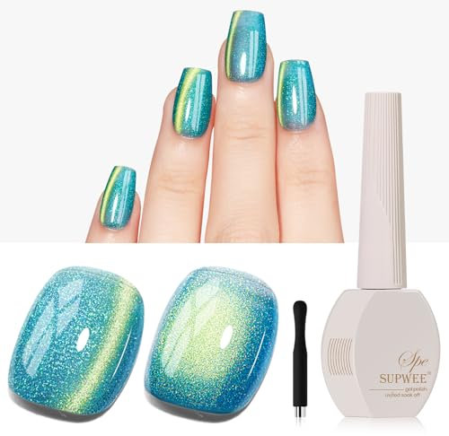 SUPWEE Shimmer Cat Eye Gel, Green Glitter Magnetic Gel Nail Polish with Magnet Holographic Cat Eye Effect Varnish for Nail Art Manicure Salon DIY at Home