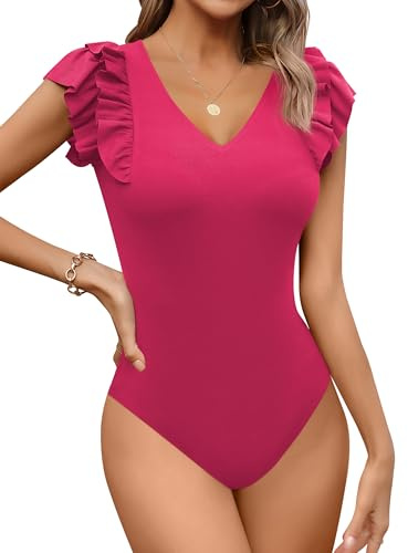 Missufe Body da donna elegante con volant, a maniche corte, scollo a V, estivo, top estivo, Rosa caldo, L