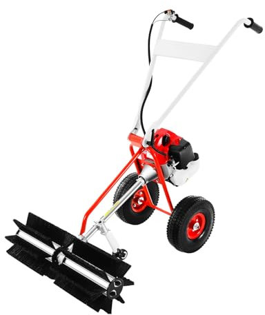 Artificial Grass Cleaner Brush, 23.6in Petrol Power Sweeper with 1.7HP Engine, Hand Pull Start, Rolling Lawn Brush Hoover for Leaves Dirt Lawns Sidewalks Driveways (Red)