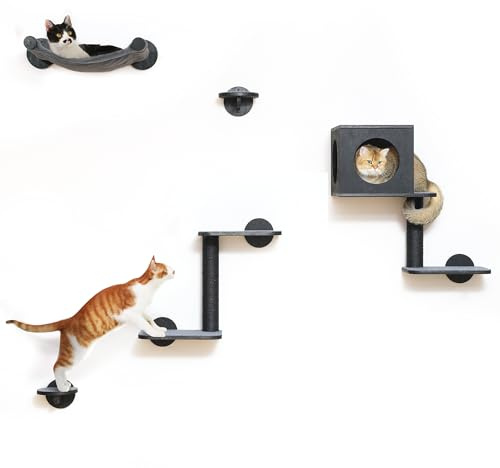 FUKUMARU Kletterwand für Katzen, 5-teiliges Wandregal-Set aus Birken-Multi-Schichtplatte, stabiles Katzenwandmöbel mit Hängematte, Katzenhaus, Katzentreppe und Kratzbaum, Schwarz