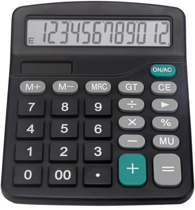 Desk Calculator, Basic Office Calculator with 12 Digits Large Display, Dual Solar Power and Battery, 4 Function Simple Calculation, Big Button for Office Home School(Black)