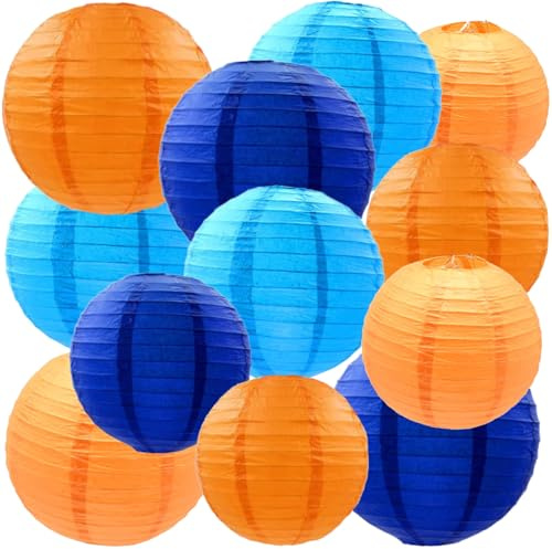We Moment Zone 12 Stück Papier Lampions Blau Orange Runde Papierlaterne Papier Laterne für Lampenschirm Deko, Geburtstagsfeier,Hochzeitsdekorationen，Gartenparty Deko