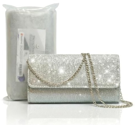 Barpre Handbags for Women: Elegant Silver Glitter Clutch Bag | Sequinned Envelope Evening Bag with Detachable Chain Strap | Ladies Clutch Bags for Wedding, Bridal, Prom & Cocktail Parties