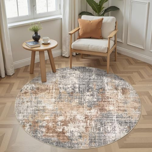 DMOYEST Teppich Rund 135cm Modern Graubraun Waschbar | Kurzflor Weich Maschinenwaschbar Rutschfest, Kinder und Haustierfreundlich für Wohnzimmer, Schlafzimmer und Esszimmer