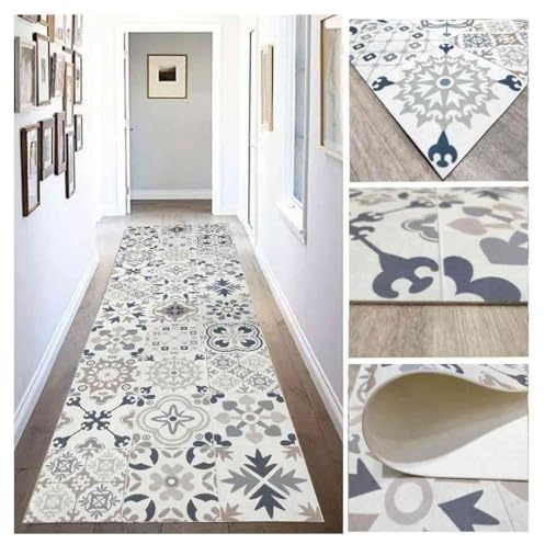 Tappeto Vinilico Idraulico di Piastrelle Realistiche per Salone, Corridoio, Cucina e Moquette a Misura Beige con Tonalità Blu, Oro e Arancione (80X200cm) Tadi & Impero1979
