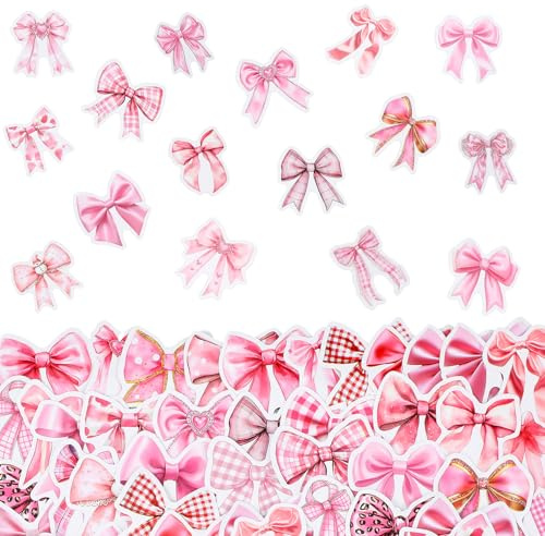 100 PCS Pink Bow Stickers, 50 Styles Bow Sticker for Girls Women, Pink Decor Stickers for Water Bottle, Laptop, Journal, Scrapbook Decor Supplies