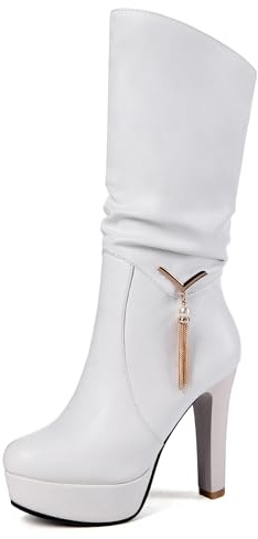 LarDorLin Talons Hauts Plateforme Bottes Femme Mi-Mollet Harness Mode Bout Rond Bridal Elegant Slouchy Bottines Bowknot Blanc Taille 35 EU