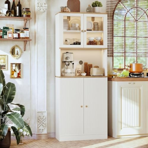 RXMORI Freistehender Küchenschränke mit Glastür, Glasküchenschrank Vitrinen,Küchenschrank mit Arbeitsfläche,Hoher Schrank mit Glastür, Buffetschrank mit L-E-D (Weiß, 40x70x180cm)