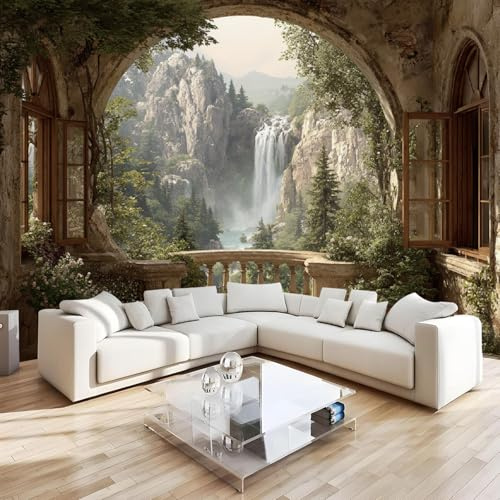 Vlies Fototapete Landschaft Fensterblick 350x256 cm Tapete Fototapeten Vlies Tapeten Landschaft Kunst Matt Wasserdicht Fototapete Schlafzimmer für Wohnzimmer Sanierung Tapeten Wandbilder Wanddeko