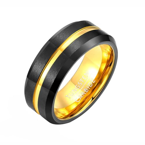 Whoiy Ring Schwarz Gold Herren Verlobungsring, 8MM Breit Trauringe Bandringe Rille in der Mitte Herrenringe mit Gravur Wolfram Abgeschrägte Kanten für Männer Gr 67 (21.3)