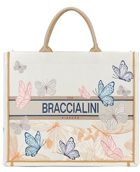 Braccialini Queen Große Handtasche aus Stoff mit Doppelhenkeln sowie einem abnehmbaren, verstellbaren Schulterriemen für zwei Tragevarianten. Die elegante, wirkungsvolle Stickerei zeigt geschwungene