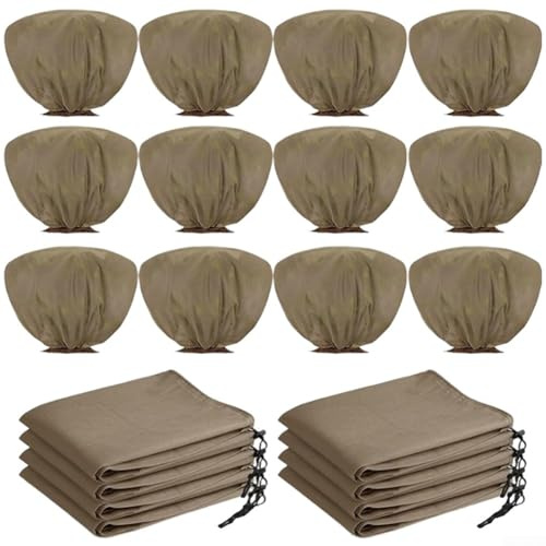 HEBEOT Lot de 6 ou 12 grandes housses de protection contre le gel avec cordon de serrage en tissu non tissé respirant pour plantes de petite et moyenne taille, arbustes, parterres de jardin, kaki