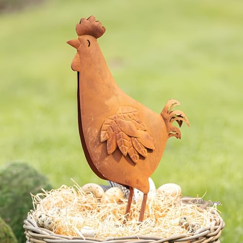 Dekoleidenschaft Garten Dekofigur Henne aus Metall mit Edelrost Finish, Huhn 44 cm hoch, Outdoor Balkon & Gartendeko für Draußen