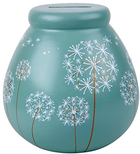 Pot of Dreams White Dandelion Flowers Save And Smash Teal Color Ceramic Money Box Piggy Bank | Perfect Decorative Gift for Centrepiece living room & Bedroom