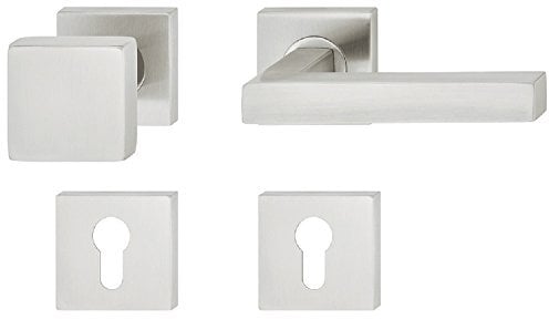 JUVA Design Drückergarnitur Edelstahl | 1 Stück Türbeschlag eckig Türgriff auf Rosette für Zimmertüren - LDH 2166 | Wechselgarnitur rechts | Edelstahl matt gebürstet | Türdrücker-Garnitur mit Knopf