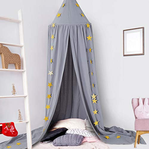 CeeKii Baldachin Kinderzimmer Betthimmel Babybett, Kinderzimmer Bettvorhang Baumwolle Deko Moskitonetz für Prinzessin Spielzelte Babybett Schlafzimmer Dekoration mit Sternengirlande (Grau)