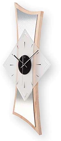 Kreative Feder Moderne Designer Holz Alu Funk Wanduhr leise Funkuhr ohne Ticken 70x30cm WEH004 (Buche, leises Funkuhrwerk)