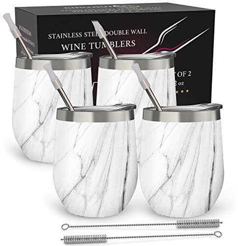 CHILLOUT LIFE Stainless Steel Wine Tumblers 4 Pack 12 oz - Double Wall Vacuum Insulated Wine Cups with Lids and Straws Set for Coffee, Wine, Cocktails - Carrara Marble