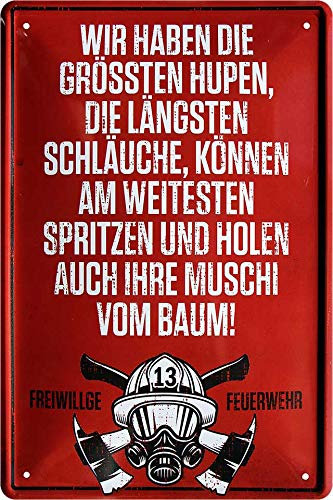 schilderkreis24 Blechschild Feuerwehr – lustiger Spruch „Wir haben die größten Hupen, die längsten Schläuche“ – 20x30 cm Retro Metallschild – Deko & Geschenk für Feuerwehrmänner