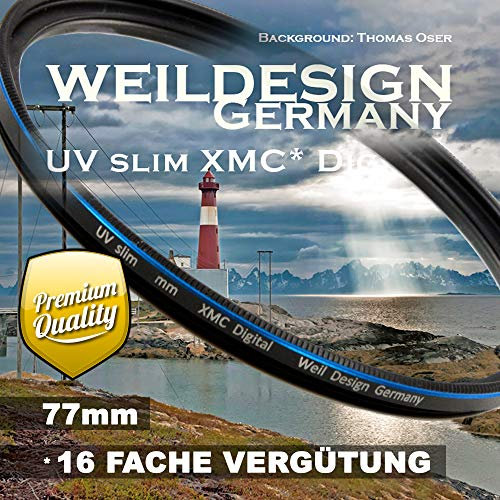 UV Filter 77mm Slim XMC Digital weildesign Germany * Objektivschutz * blockt ultraviolettes Licht * mit Frontgewinde * 16 Fach vergütet XMC * inkl. Filterbox (UV Filter 77mm)