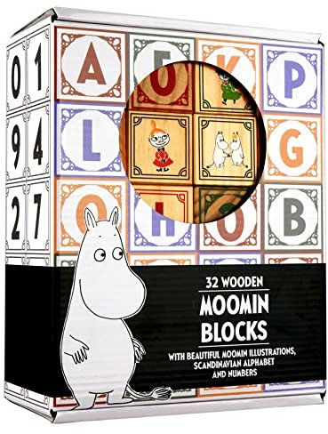 Barbo Toys - Mumin-Holzklötze - Moomin Stapelklötze aus Holz - 32 Stück - Stapelturm Kinder ab 3 Jahren – Buchstaben und Zahlen Lernen mit Mumin Tal - Spielwürfel Spielzeug - Mumins Spielzeug