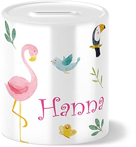 OWLBOOK® Safari Flamingo Spardose Kinder personalisiert | Geschenke zur Einschulung | Taufgeschenke | Geschenk Taufe Geburt Geburtstag Junge Mädchen | Sparschwein | Sparbüchse