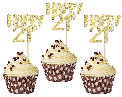 Gyufise 24Pcs 21 Cupcake Toppers Happy 21st Birthday Cake Toppers Gold Glitter 21 Cake Topper Picks Birthday Cake Decoration for Birthday Party Anniversary Celebration Supplies