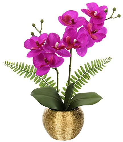 Briful Orchidée artificielle violette au toucher réaliste, tiges de fleurs phalaenopsis artificielles dans un pot en céramique doré pour décoration d'intérieur, mariage, centre de table