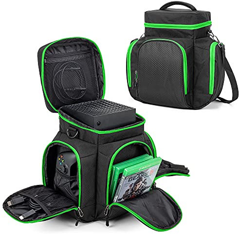 Trunab Console Carrying Case Compatible with Xbox Series X, Travel Bag with Multiple Storage Pockets for Xbox Controllers, Headset, Games, Cables, Portable Hard Disk and Other Accessories, Green