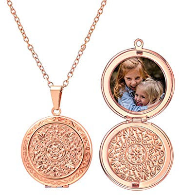 U7 Rosegold Locket Europäische Blumen Medaillons für Damen Retro Rund Medaillon zum Öffnen für Bilder Anhänger Personalisiert Text Foto Halskette Amulett Souvenir Kettenanhänger Schmuck für Herren