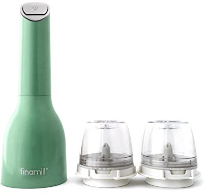 FinaMill Molino de pimienta y especias galardonado con pilas, ajuste de tamaño, elementos de molienda de cerámica, One Touch con luz LED. Incluye 2 cápsulas ProPlus de cambio rápido