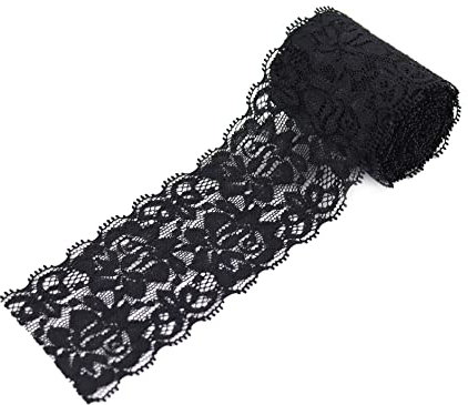 6 CM (2.4 Inch) Schwarzes Spitzenband, Elastischer, Dehnbarer Schwarzer Spitzenstoff - 5 Yard, Perfekt für Bastelarbeiten, Hochzeit, Geschenkverpackungen, Schleifenherstellung und Andere Projekte