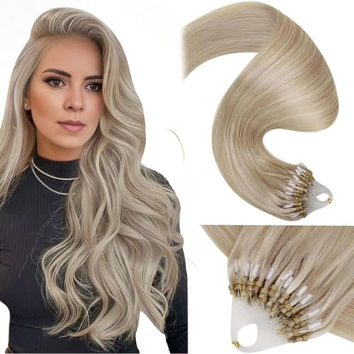 LaaVoo Microring Echthaar Extensions Blond 60cm Micro Loop Haarverlängerung Echthaar Aschblond Highlights Hellblond Microrings Extensions Glatt 50g 1g/s #18/613