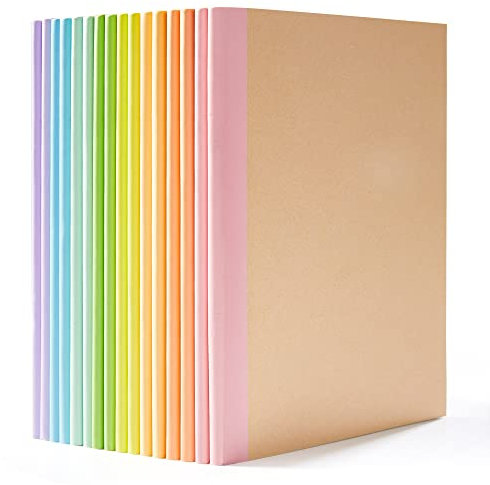 feela Kraft Notizbuch A5 liniert, 16 Notizbücher Set, Notizheft mit Regenbogen Rücken in 8 Pastell Farben, 60 Seiten, 21x14cm, Notizblock Set geeignet für Büro & Schule, Kraftpapier, Din A5