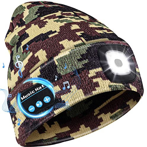 Deilin Regalos Originales para Hombre Mujer, Unisex Gorro con Cascos Bluetooth 5.0 con Linterna LED Gorra Sombrero Recargable USB Lavable Invierno Cálido Gorro de Punto con Luz LED, Verde Camuflaje
