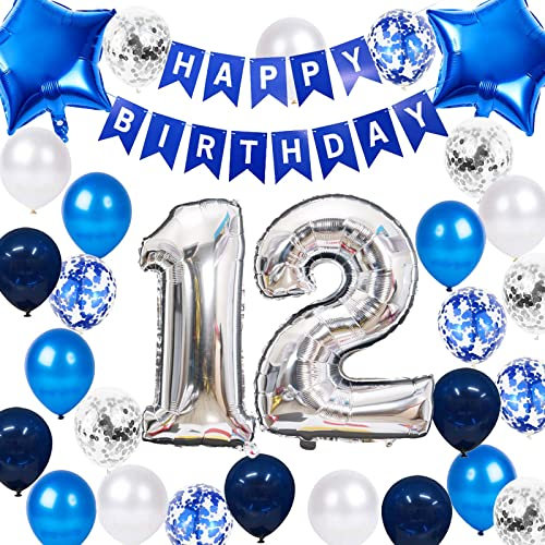12. Geburtstag Dekoration Junge, Geburtstagsdeko 12 Jahre Junge, 12 Geburtstag Deko, 12 Ballon Blau Deko, Luftballon 12. Geburtstag Party Deko Junge Blau, Deko 12 Geburtstag Junge(12.)